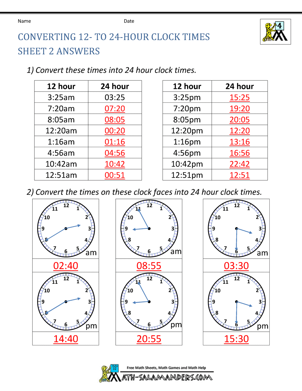 24 Hour Clock Conversion Worksheets 24 Hour Clock Conversion Worksheets