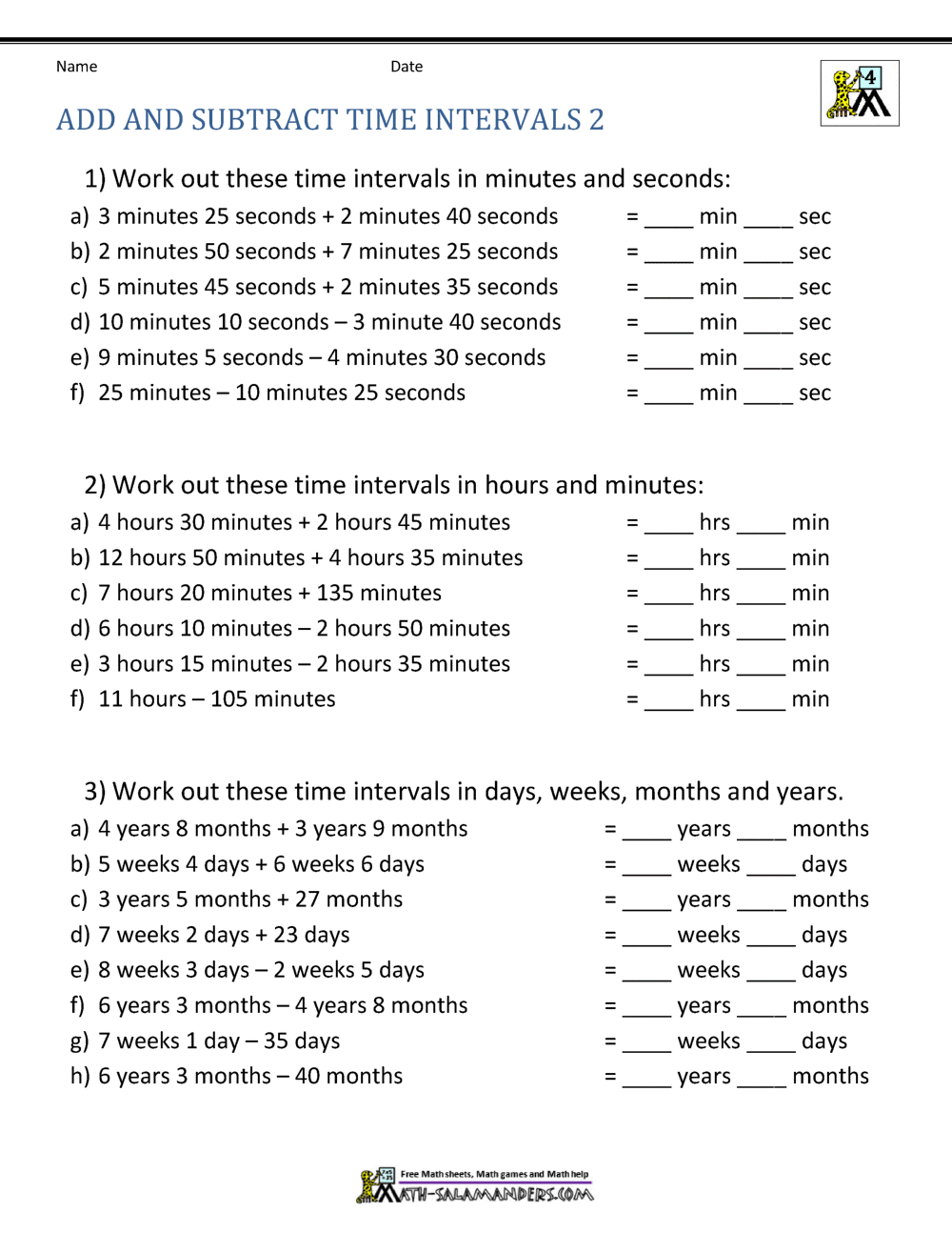 Add And Subtract Time Worksheets