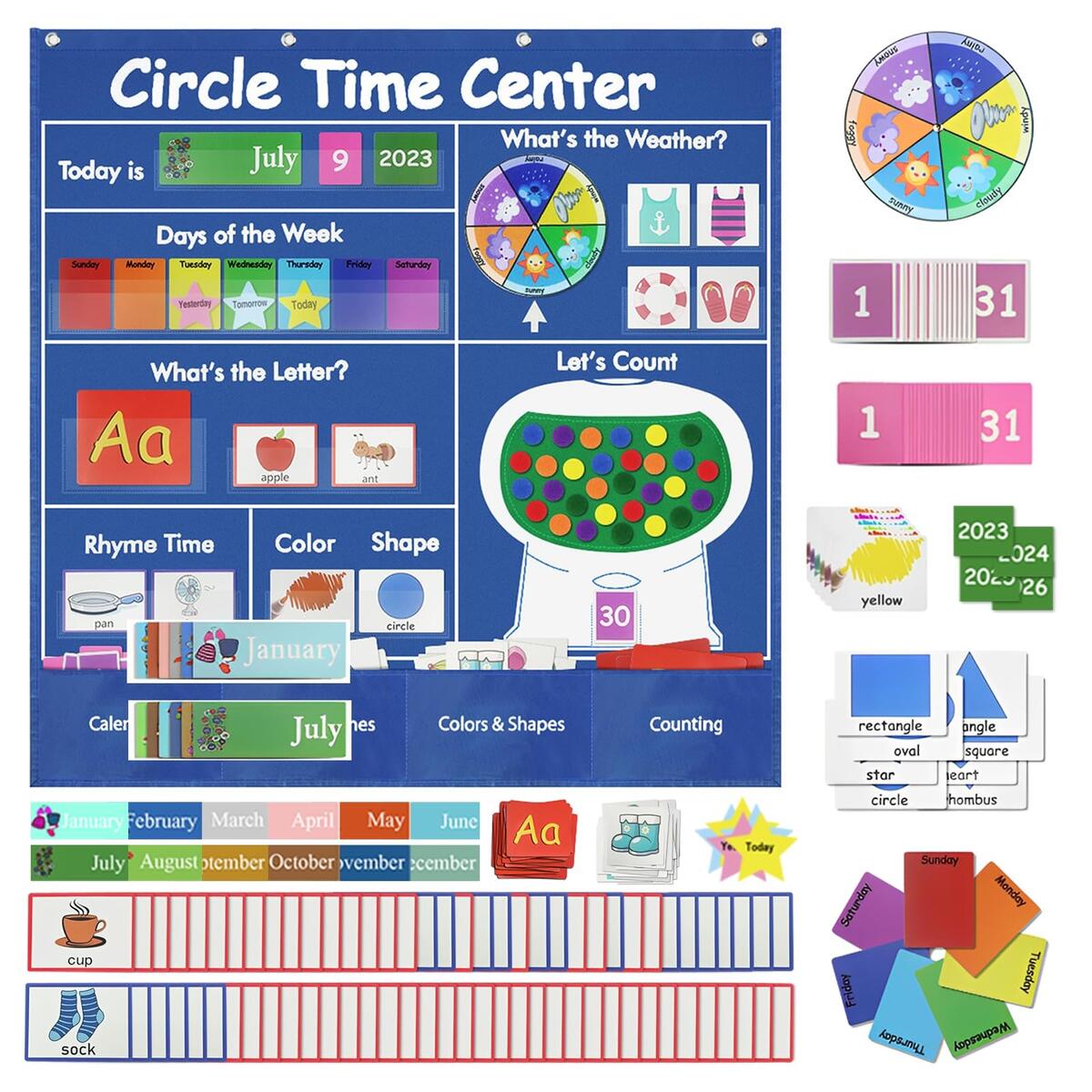 Amazon Circle Time Learning Center Montessori Toy For 3 4 5 Year Old Pocket Chart Calendar Set Learning Calendar Weather Alphabet Counting Number Color Classroom Calendar Pocket Chart For Homeschool Supplies Office Products