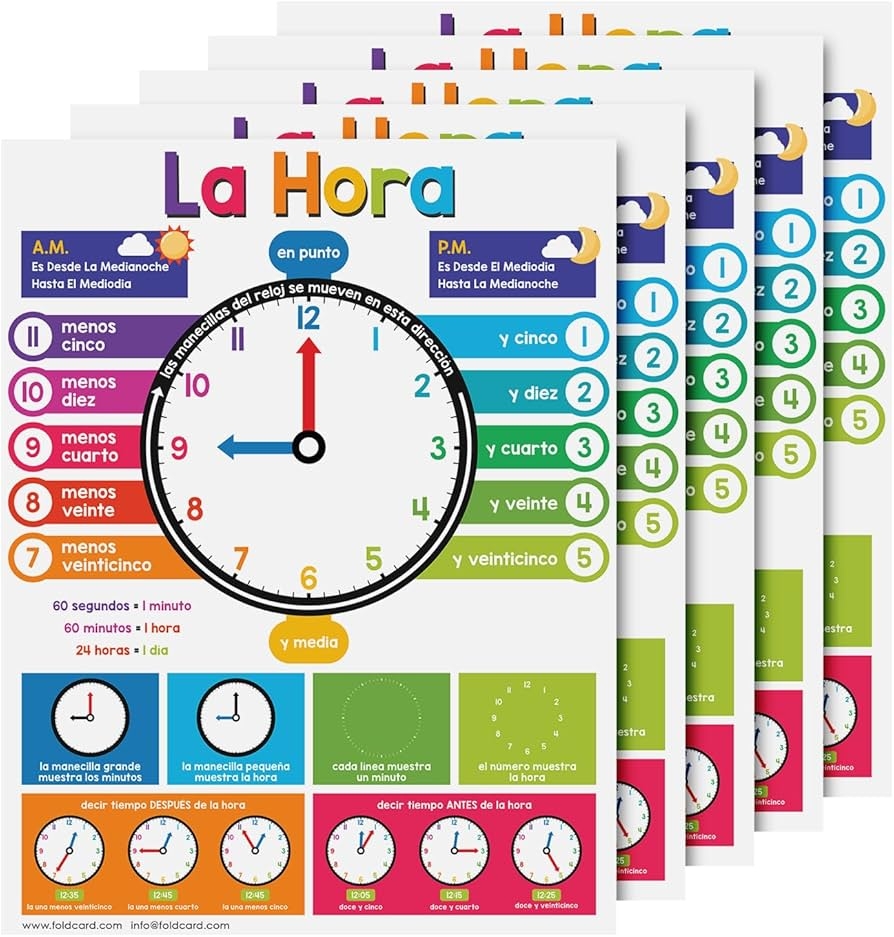 Amazon La Hora Spanish Chart For Preschool To Gradeschool Kids Colorful Time Educational Visual Learning Aid Poster Decoration For Classrooms And Homes Glossy Durable Cardstock 8 5 X 11 5 Per Pack Office Products