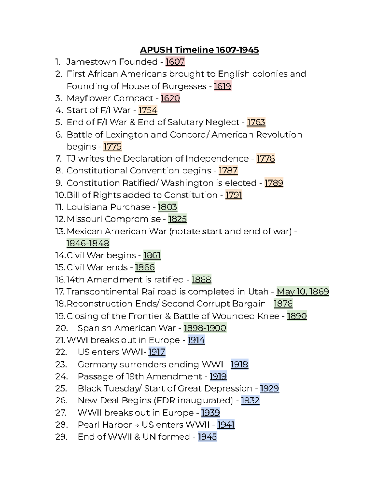 APUSH Timeline Key Events From 1607 To End Of WWII Studocu
