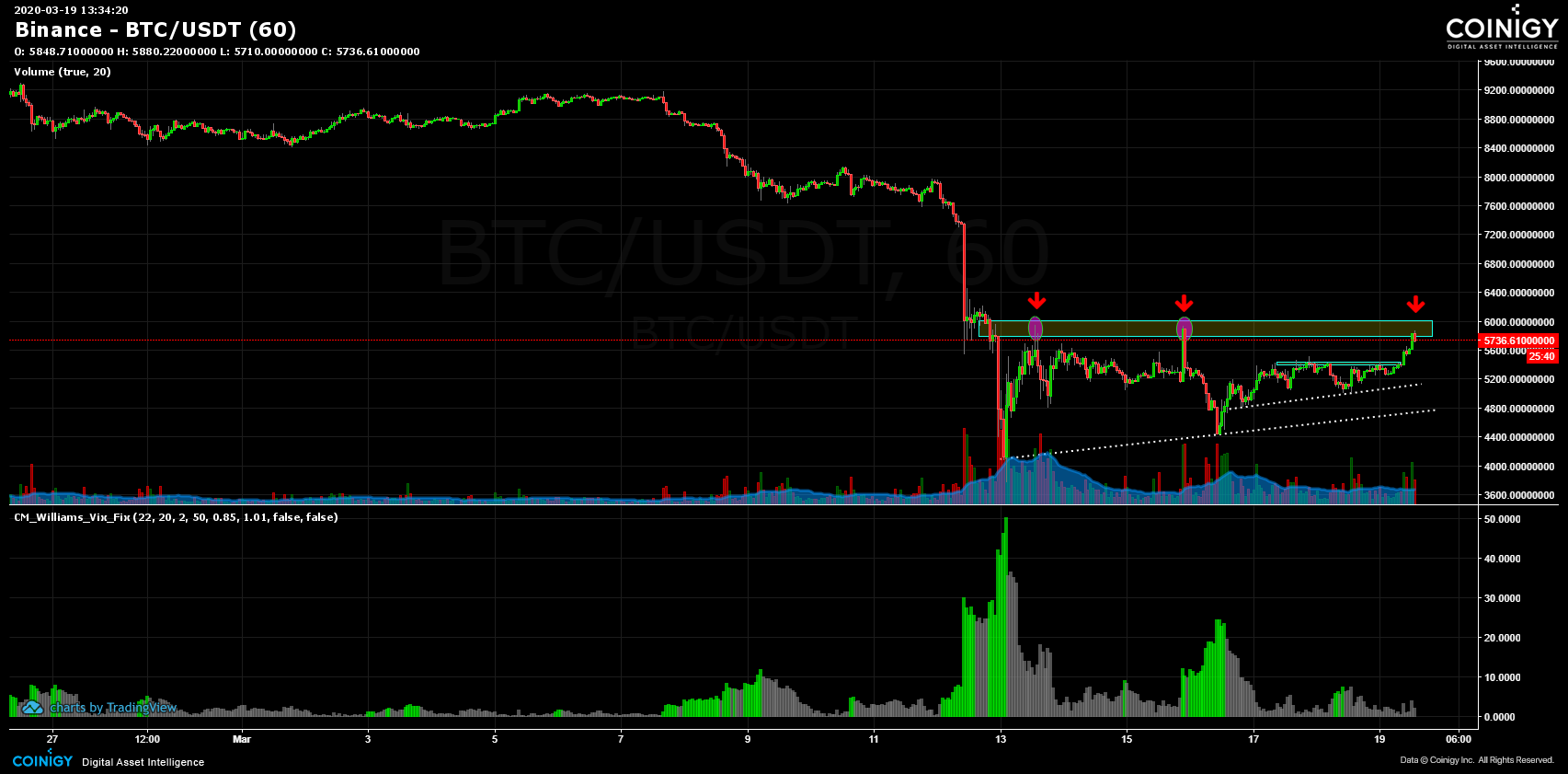 Binance BTC USDT Chart Published On Coinigy On March 19th 2020 At 1 34 PM