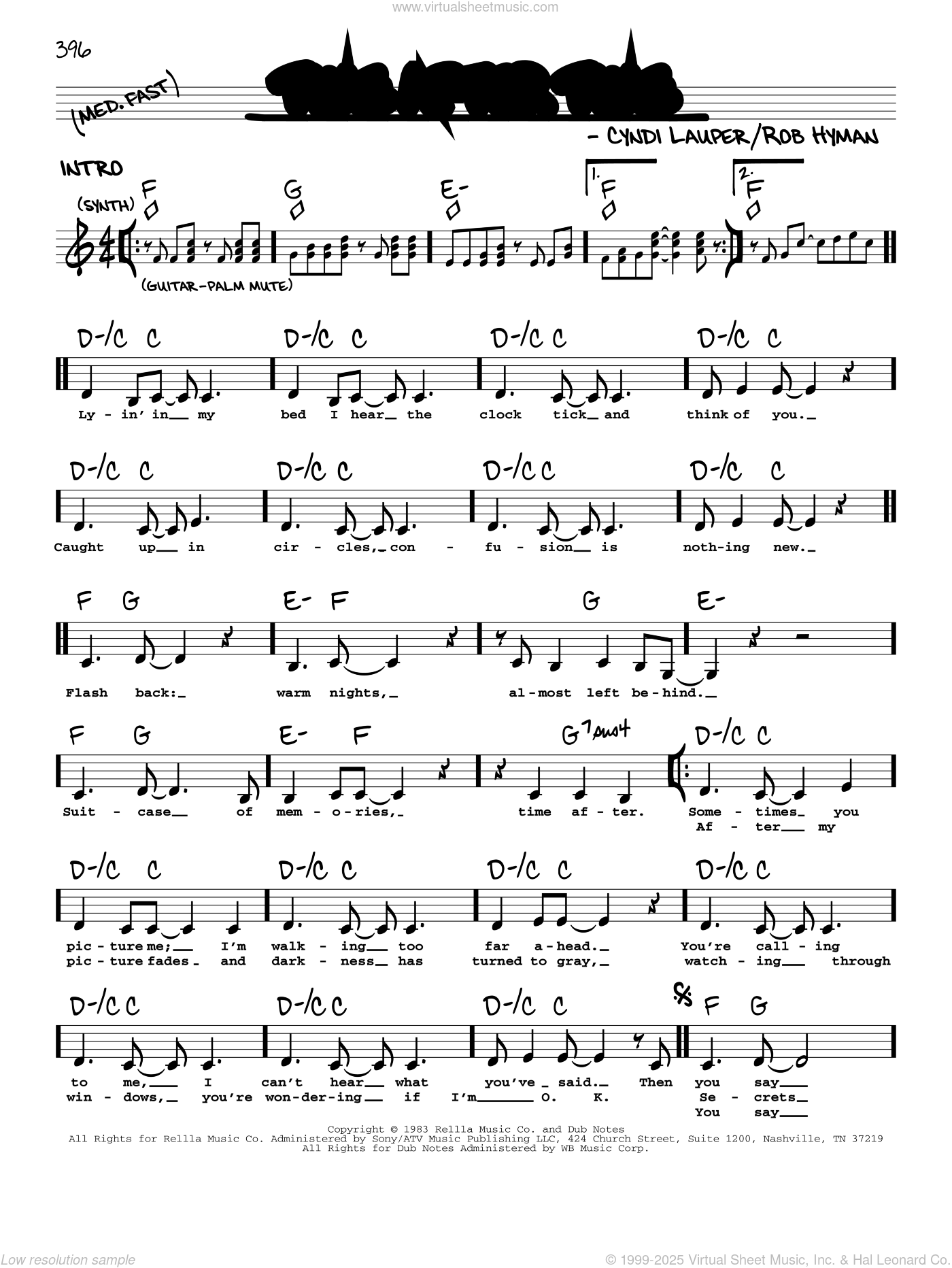 Cyndi Lauper Time After Time Sheet Music real Book With Lyrics