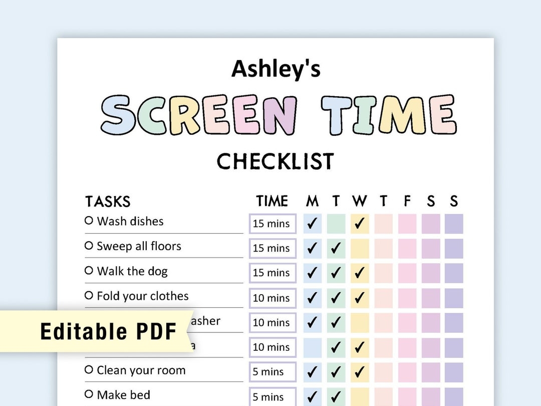 Editable Screen Time Chart Kids Printable Digital Screen Time Chore Chart Kids Chore Checklist Chore List Screen Time Tracker PDF Etsy Sweden
