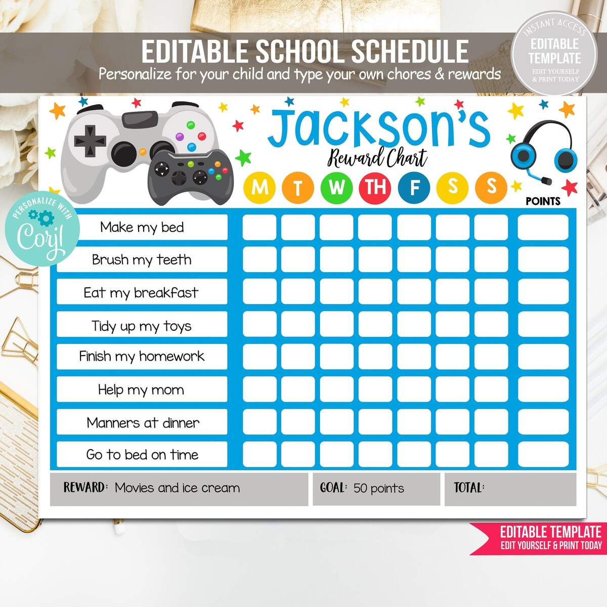 Editable Video Game Reward Chart Video Games Reward For Kids Routine Chart Kids Responsibility Chore PRINTABLE DOWNLOAD Corjl Template Etsy