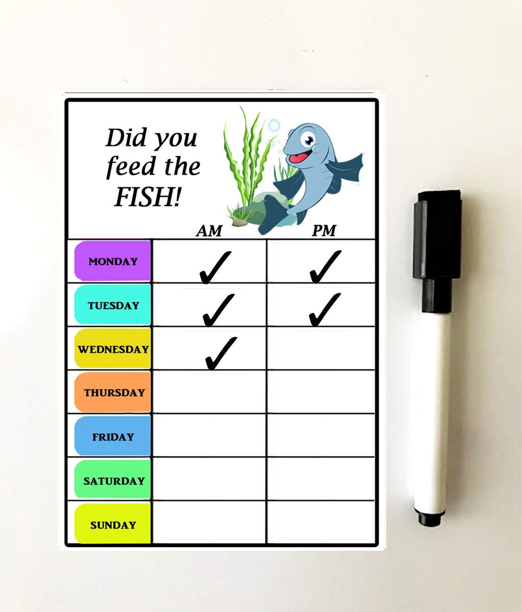Fish Feeding Chart Unique Dry Wipe Flexible Magnet With Magnetic Marker Pen Size 6 X 4 Inches Car Pets Gifts For Dog And Cat Lovers