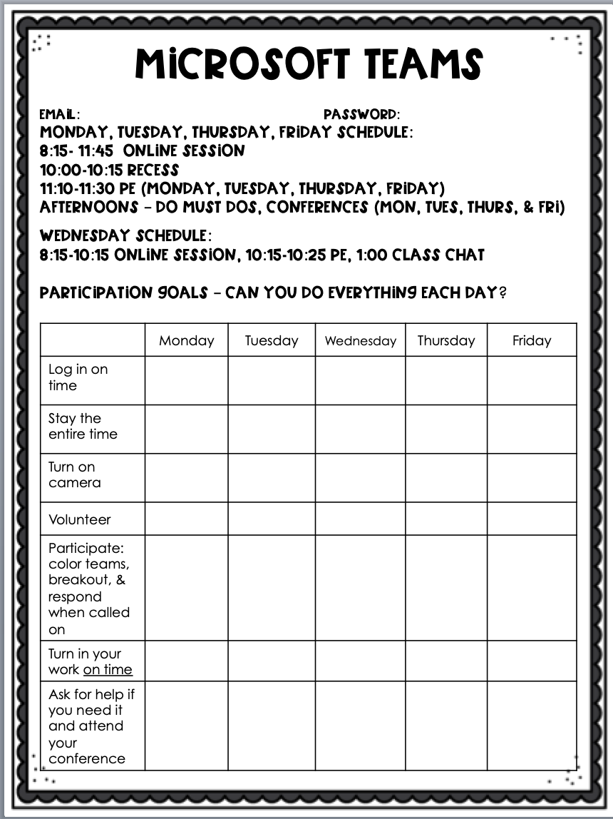 I Love My Classroom Virtual Classroom Participation Chart