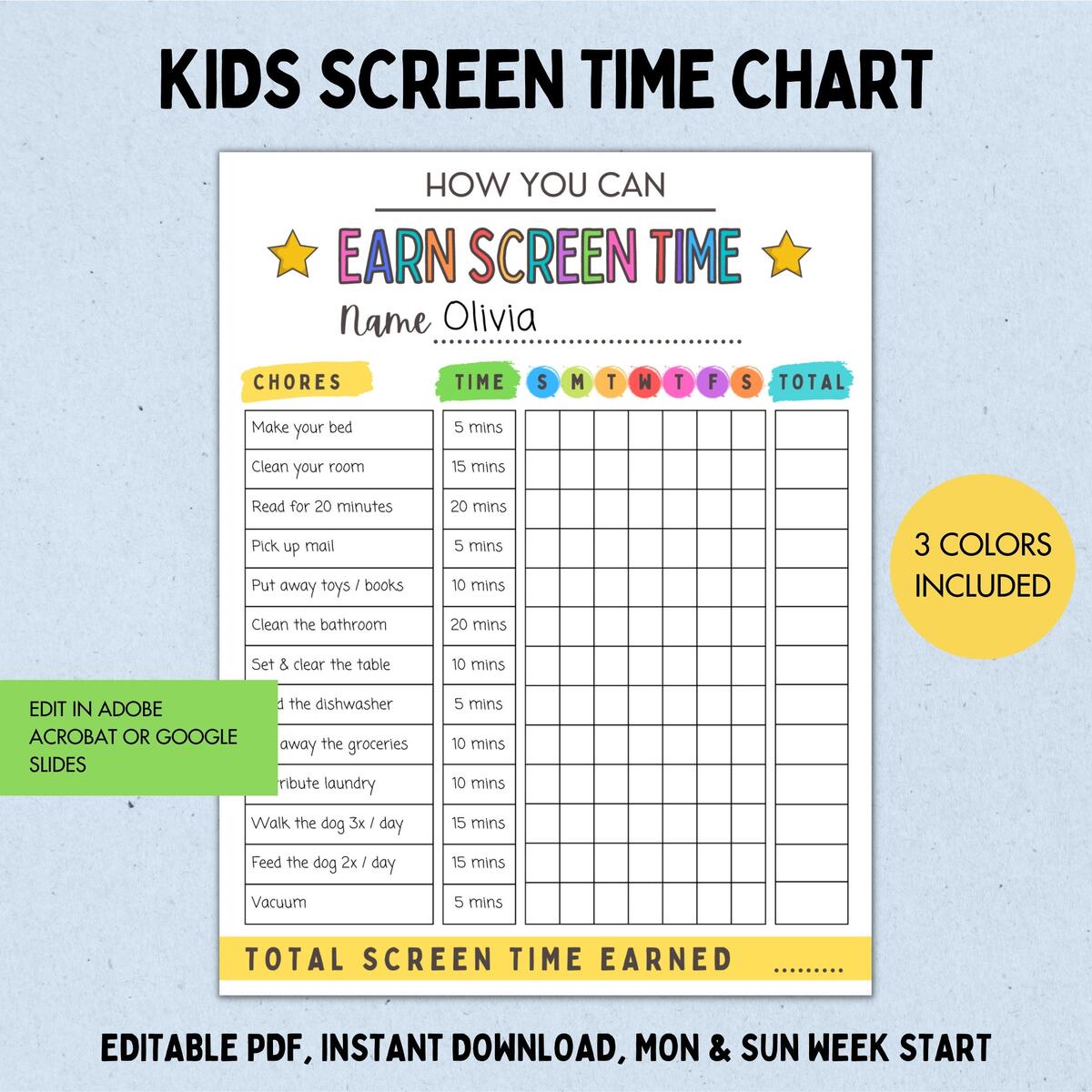 Kids Screen Time Checklist Printable Reward Chart PDF Etsy