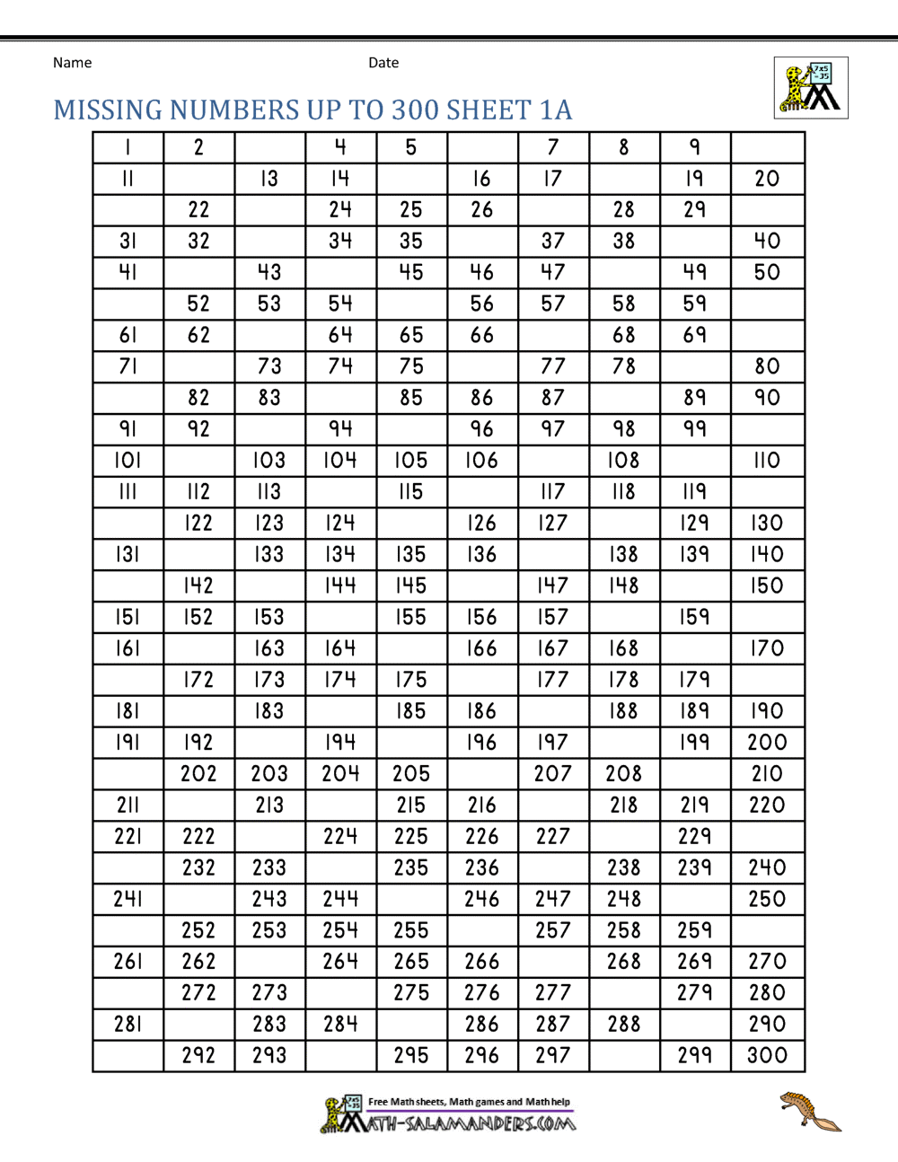 Number Grid Up To 300 Large Numbers 1 300 10 Free PDF Printables Printablee