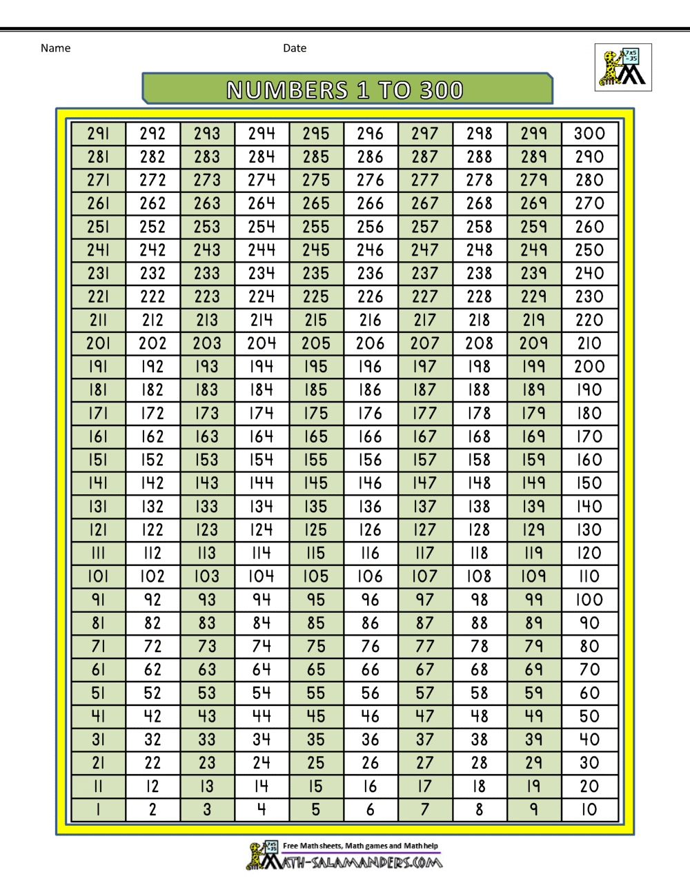 Number Grid Up To 300