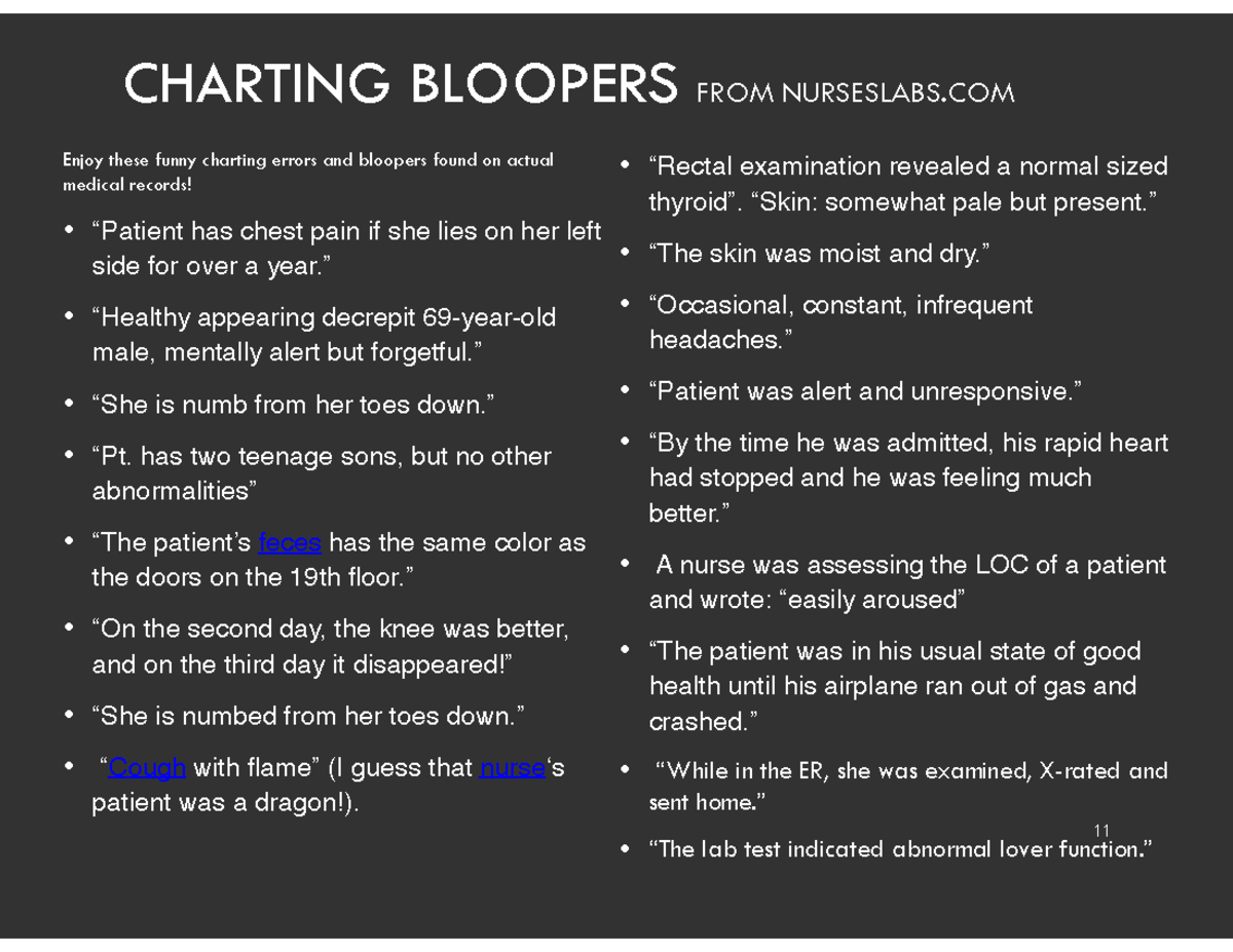 NUR 101 Hilarious Charting Errors In Medical Records Studocu