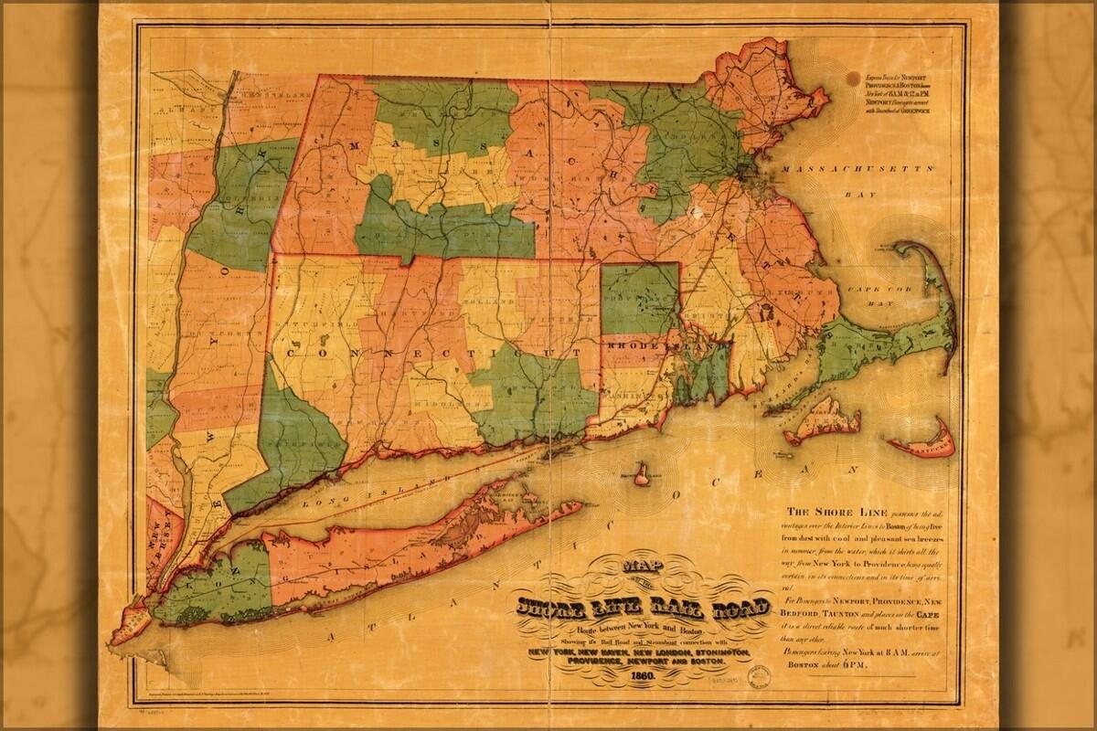 Poster Many Sizes Map Shore Line Railroad New York To Boston 1860 EBay