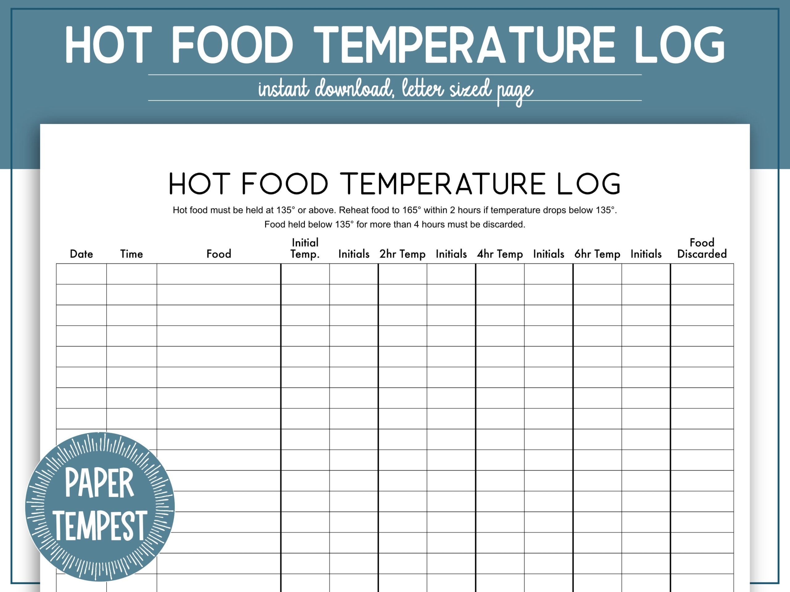 Printable Hot Food Temperature Log Hot Food Holding Temperature Chart Food Temperature Recording Chart Food Safety Log Etsy Sweden