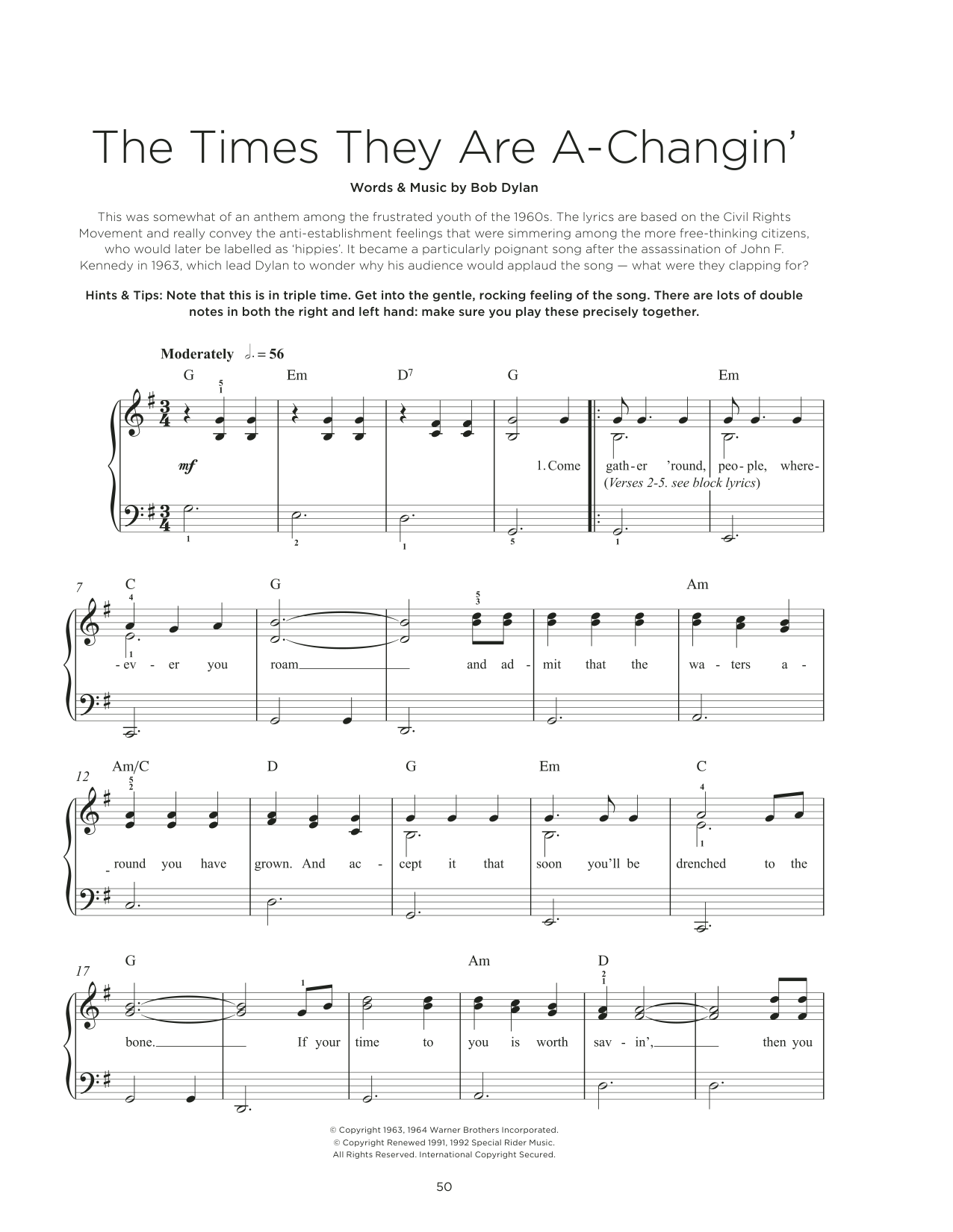 The Times They Are A Changin Arr Brock Chart By Bob Dylan Sheet Music For Piano Vocal At Sheet Music Direct