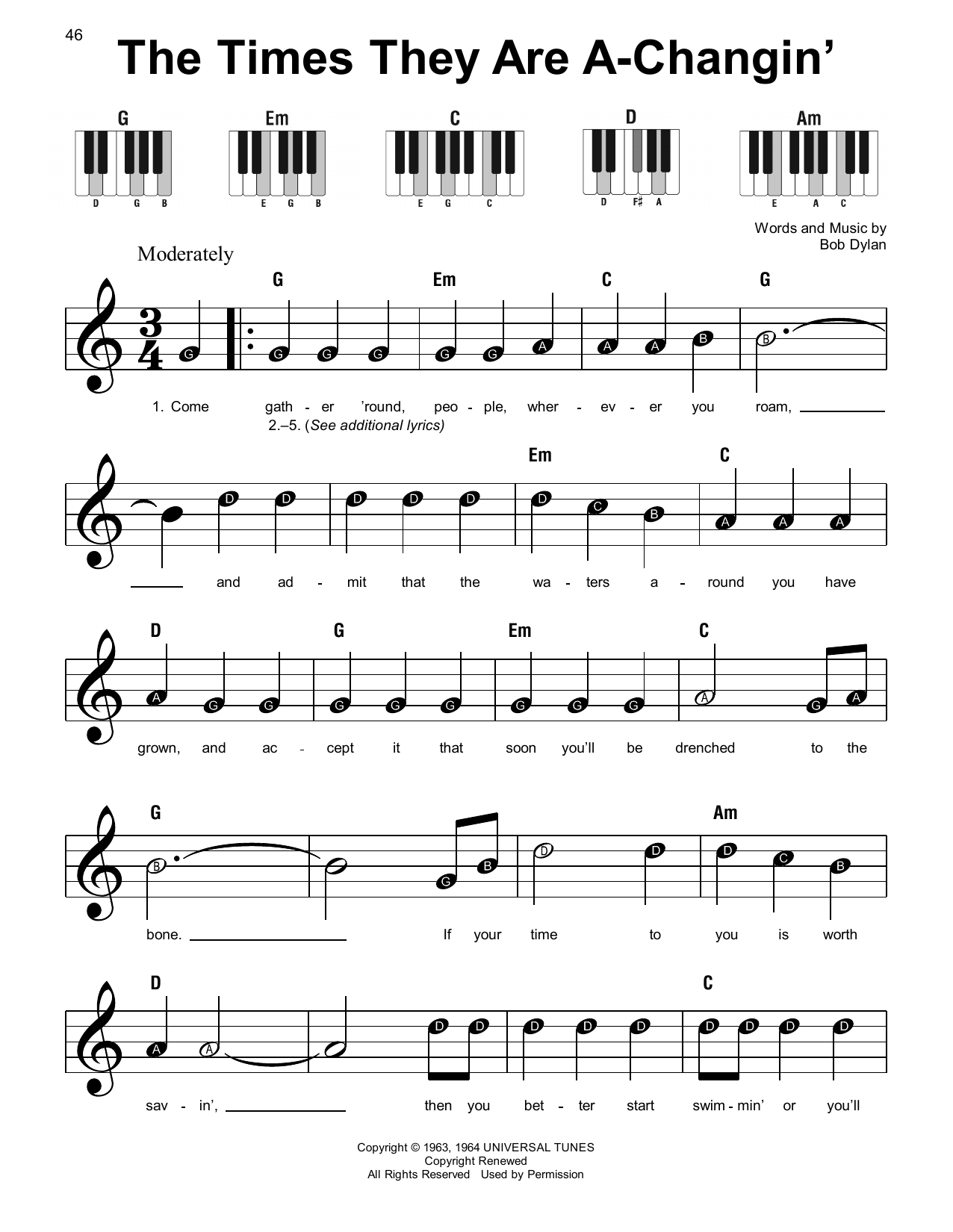 The Times They Are A changin arr Brock Chart By Bob Dylan Sheet Music For Piano Vocal At Sheet Music Direct