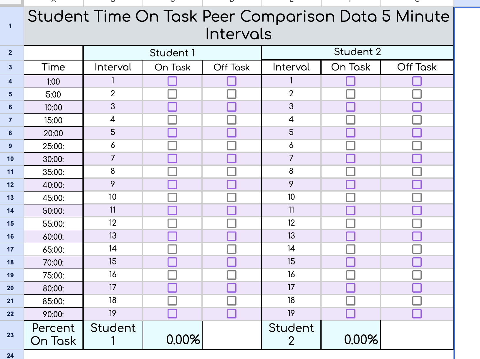 Time On Task Peer Comparison Google Sheet Behavior Analyst Resource Center
